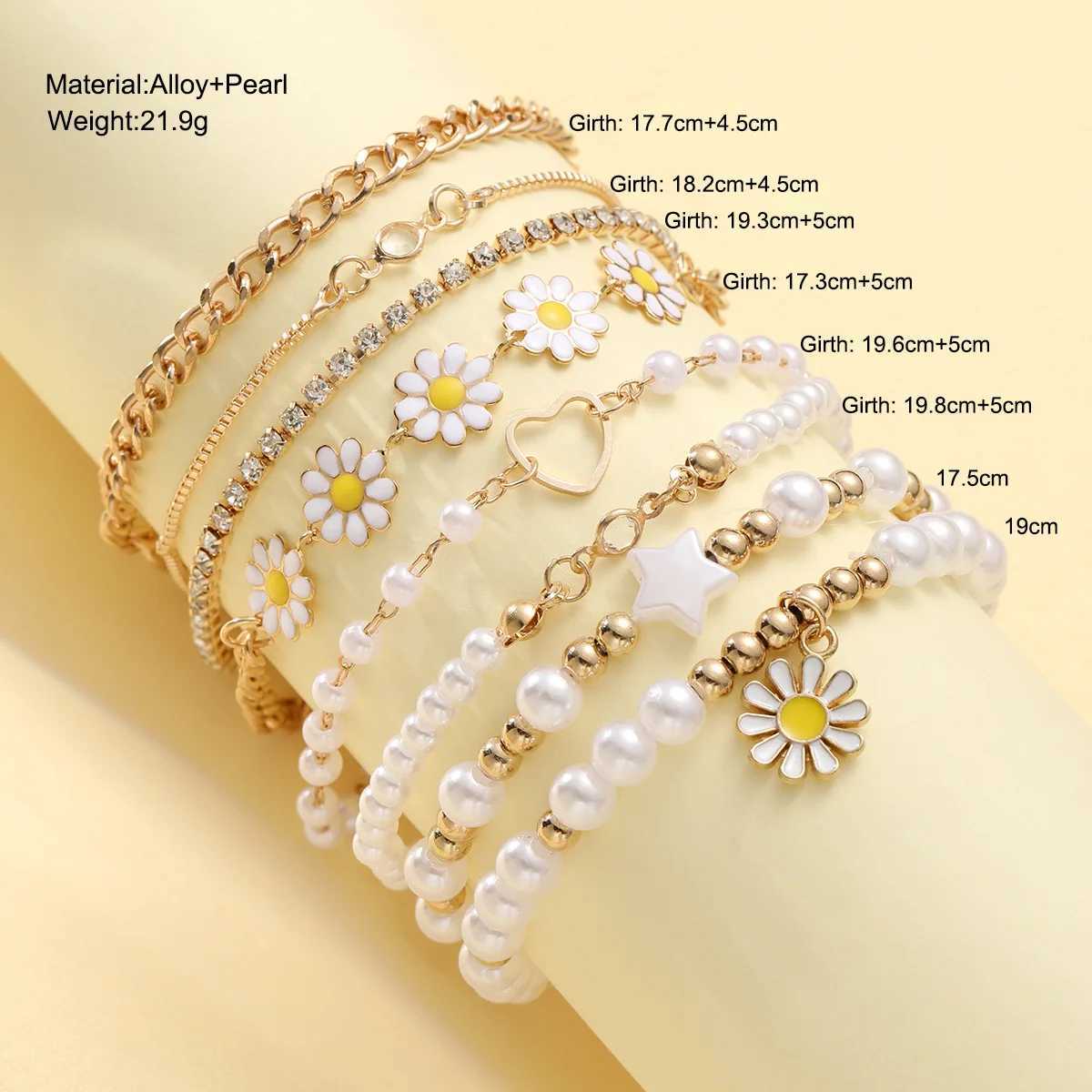 Boho Summer Five-Pointed Star Small Daisy Pearl Bracelet Eight-Piece Set for Fashion Woman Adjustable Charm Bangle Jewely GIftXJ250117