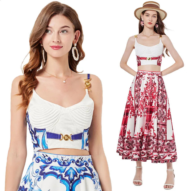 Summer Holiday Blue And White Porcelain Two Piece Set Womens Spaghetti Strap Padded Cup Zipper Print Short TopLong Skirt Suits 250109Z