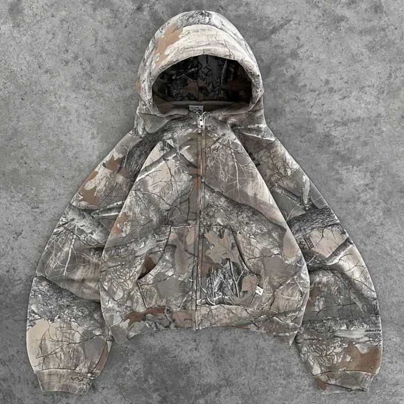 Y2K Retro zip up Hoodie Men Camouflage Pattern zipper Sweatshirt High Street Hip Hop Streetwear Oversized Unisex Camo Hoodie X250125