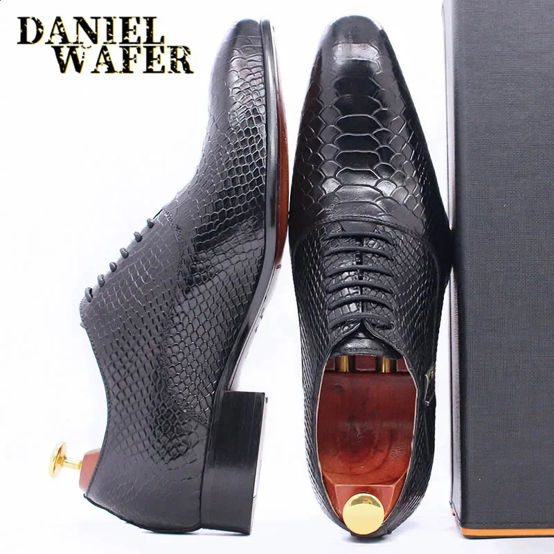 Mens Fashion Dress Leather Shoes Snake Skin Print Classic Lace-Up Oxford Formal in Wine Blue Coffee Black - Pointed Toe 250120