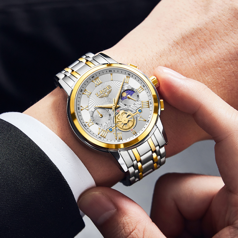 LIGE Fashion Men's Quartz Watch Night Light Moon Phase Multi functional Waterproof Business Watch