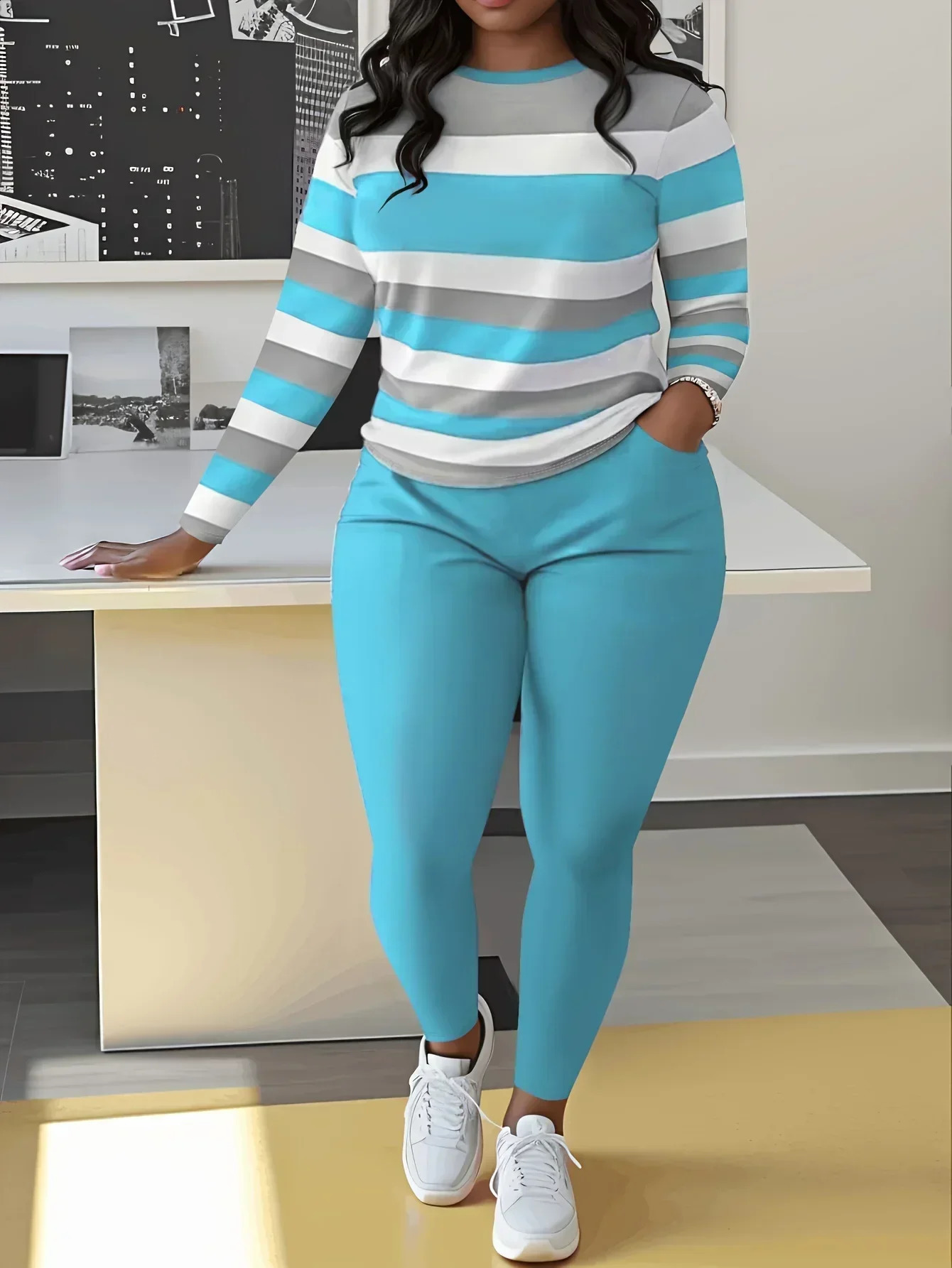 Plus Size Two Piece Sets Colorblock Casual ONeck Long Sleeve Top and Pants Set Womens Clothing Matching y250122