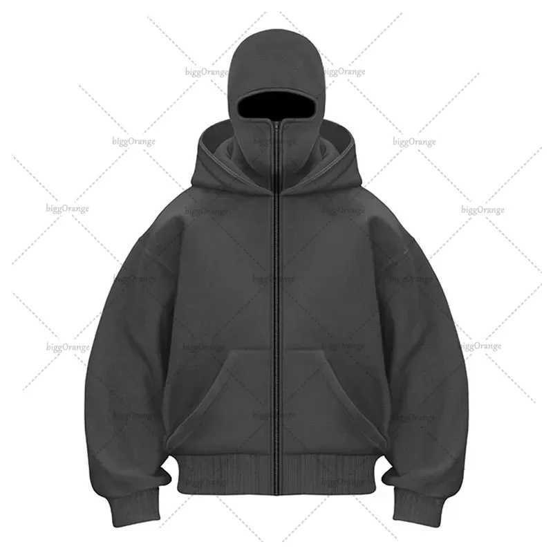 Hip Hop Punk Solid Color Double Hat Zipper Hoodie High Street Streetwear Jacket Men Personalized Splicing Oversized Sweatshirt X250125