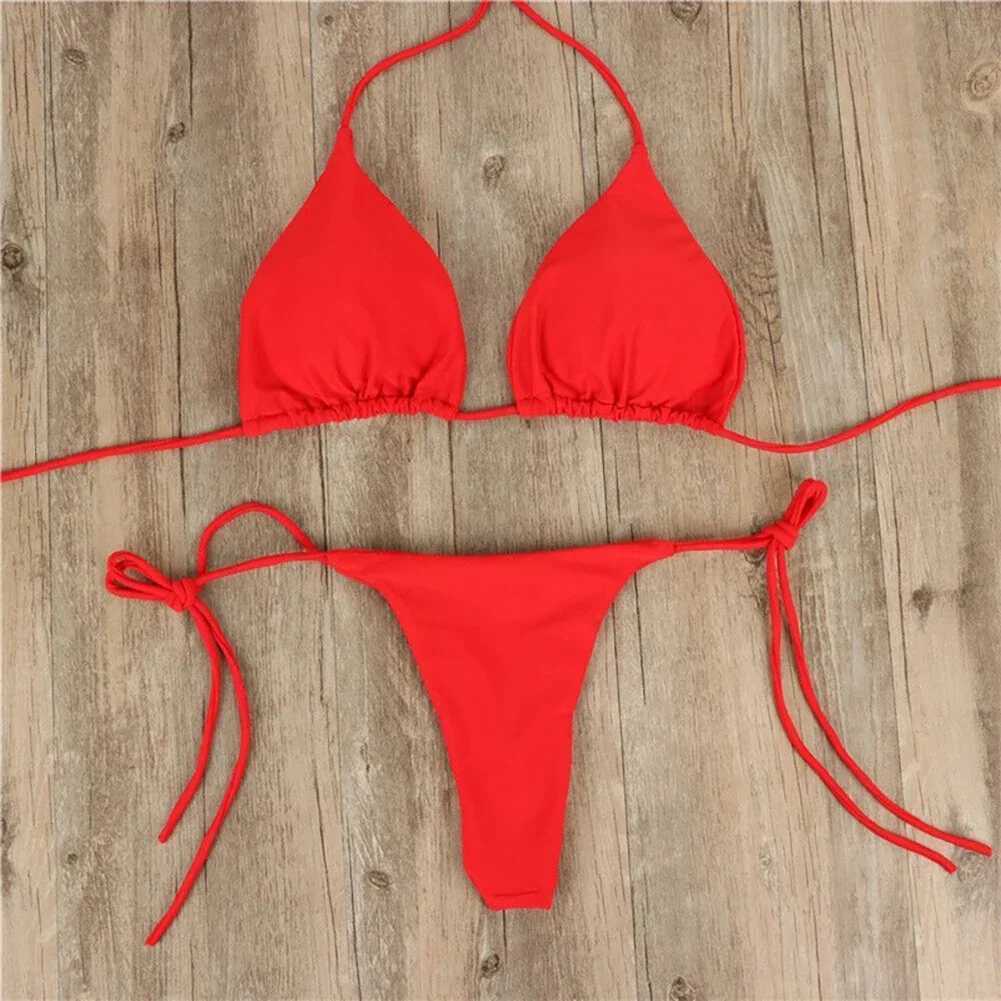 Solid Color Hanging Neck Style Lace-Up Bikini Womens Sexy Split Binding Triangle Beach Swimsuit No Steel Bracket No Chest PadXJ250120