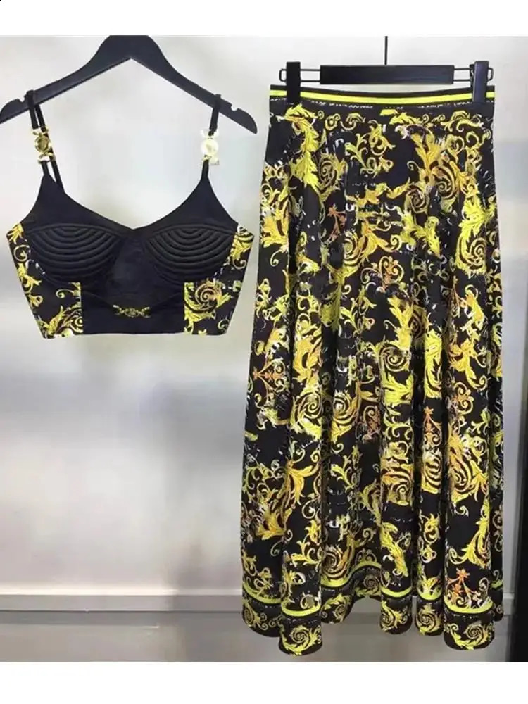 Summer Holiday Blue And White Porcelain Two Piece Set Womens Spaghetti Strap Padded Cup Zipper Print Short TopLong Skirt Suits 250109Z