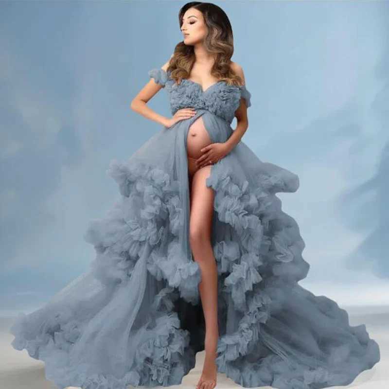 Fluffy ruffled chiffon for Photosoot dresses maternity dresses baby shower dresses bridal lingerie robes para embedazadas W250113