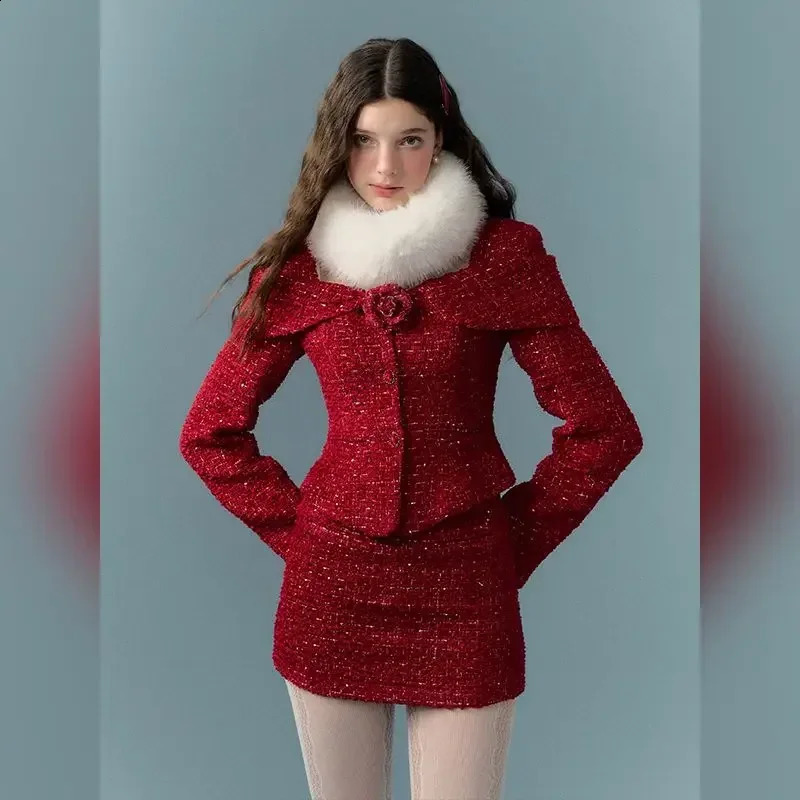 UNXX Small Fragrance Square Neck Wool Blazer Mermaid Skirt Suits Vintage Rose Patchwork Woolen Jacket Long Skirt Two-piece Set 250109