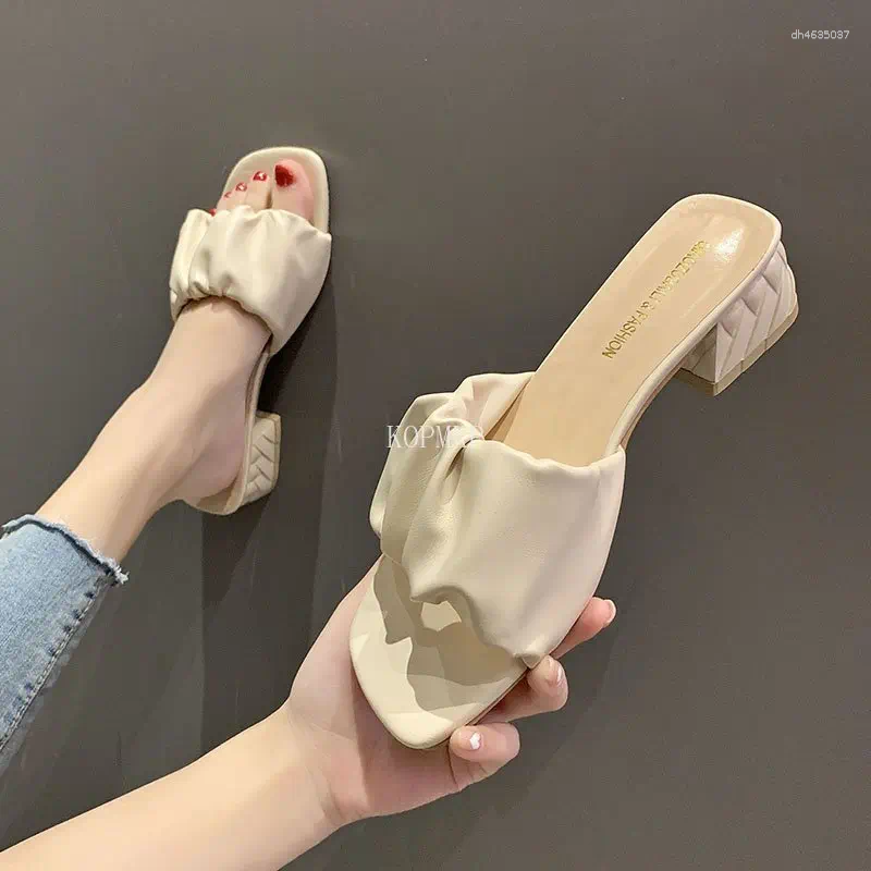 Sandals Summer Fashion High Heel Shoes Mules Women Square Head Slip On Flip ps Slipper 3.5CM Sandal Women's Shoe Solid Slide hurenlakeshoes