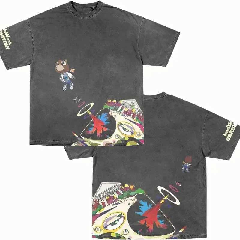 2024 Street Vintage Anime Print Washed Short Sleeve T-shirt Men Y2k Goth Harajuku Fashion Couple Casual Loose Sports T-shirt W250117