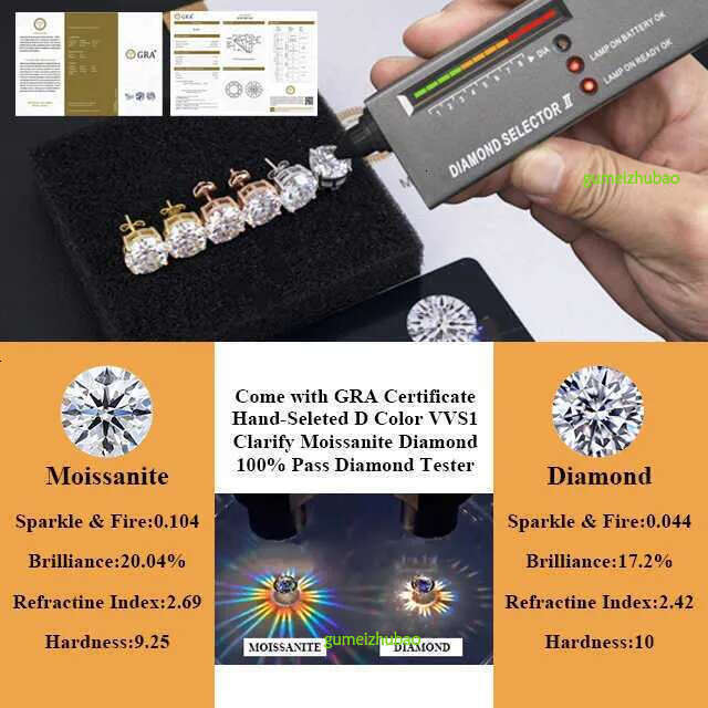 Hot Selg Gold Plated Sier wer Earrings GRA Certificated Screw Back Moissanite Cluster Ear Stud For Men Women