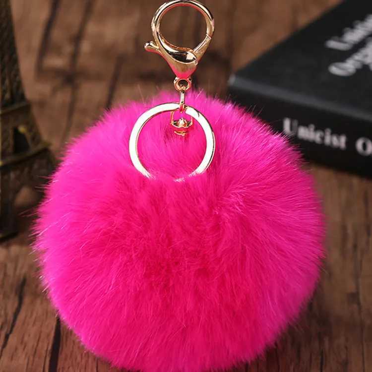 Women Car Key Pendant Faux Rabbit Fur Solid Color Keychain Girl Cute Plush Ball Bag Charm Ornament Soft KeyRing Fluffy Puff BallXJ250116
