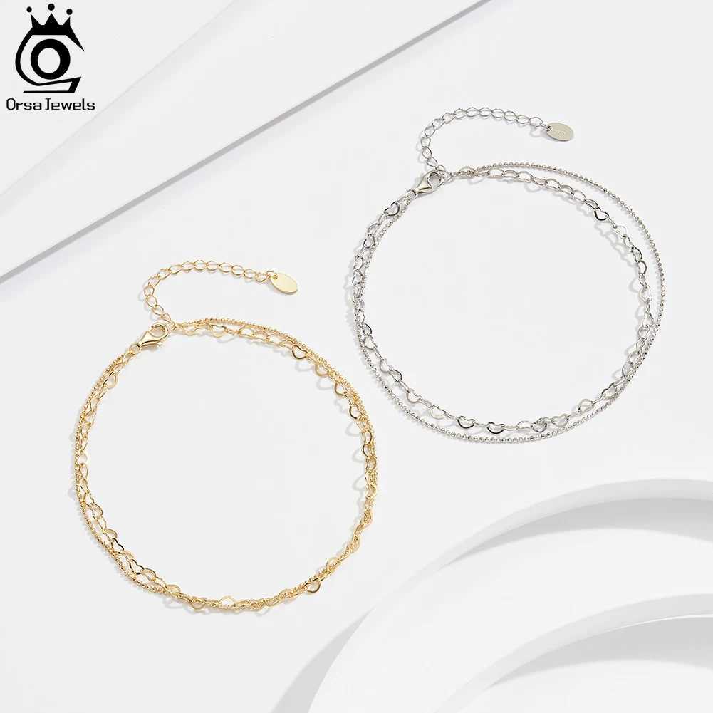 ORSA JEWELS 14K Gold Double Layer Chain Anklet Adjustable Summer 925 Silver Bead Ball Chain Anklets for Wen Jewelry SA66 X250125
