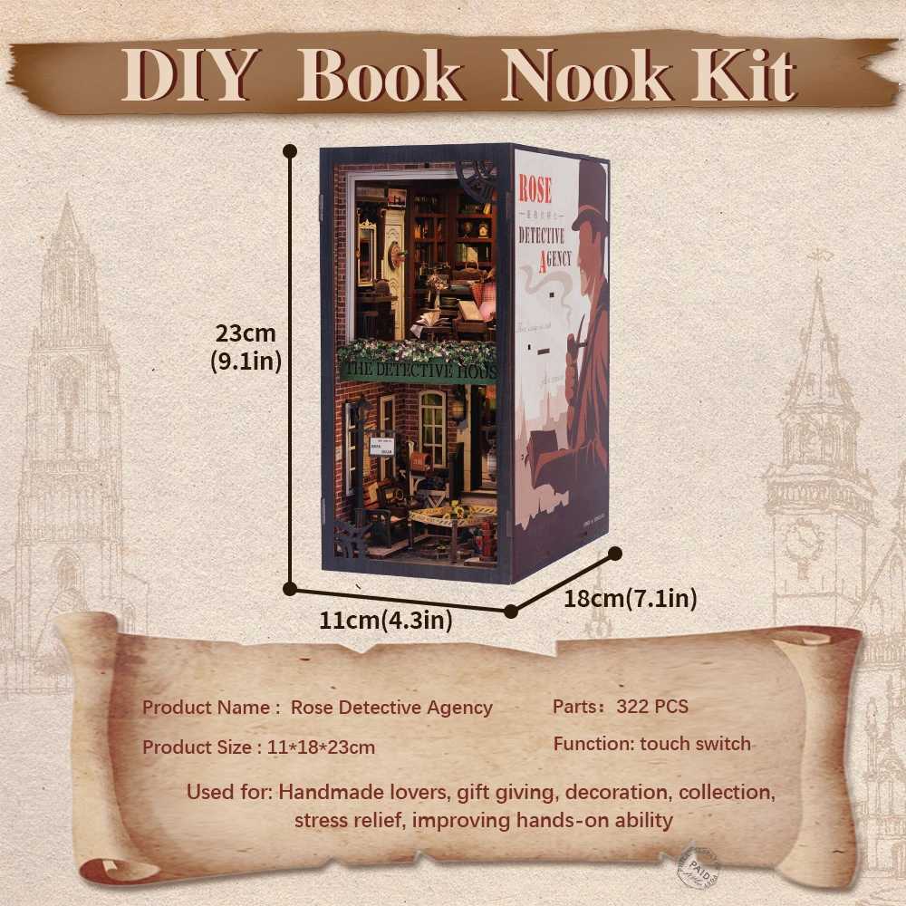 CUTEBEE Book Nook 3D Puzzle Mini Dollhouse Kit with Touch Light Dust Cover DIY Bookshelf Insert Gift Rose Detective Agency W250117
