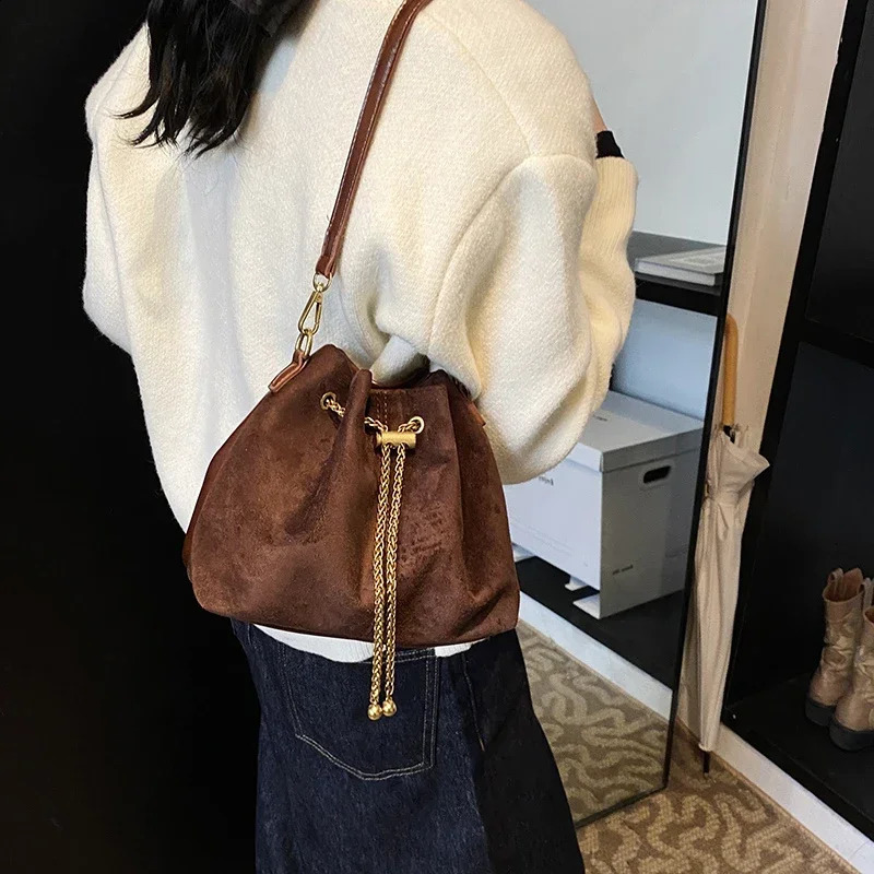 Womens Handbags Soft Solid Faux Suede Simple Commuting Crossbody Sewing Sweet Bags for Women Thread String