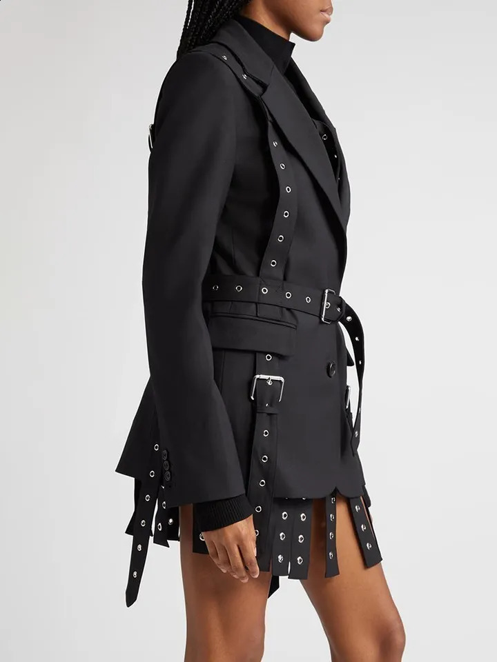 TWOTWINSTYLE Solid Patchwork Belts Blazers For Women Notched Collar Long Sleeve Single Breasted Chic Blazer Female 250106