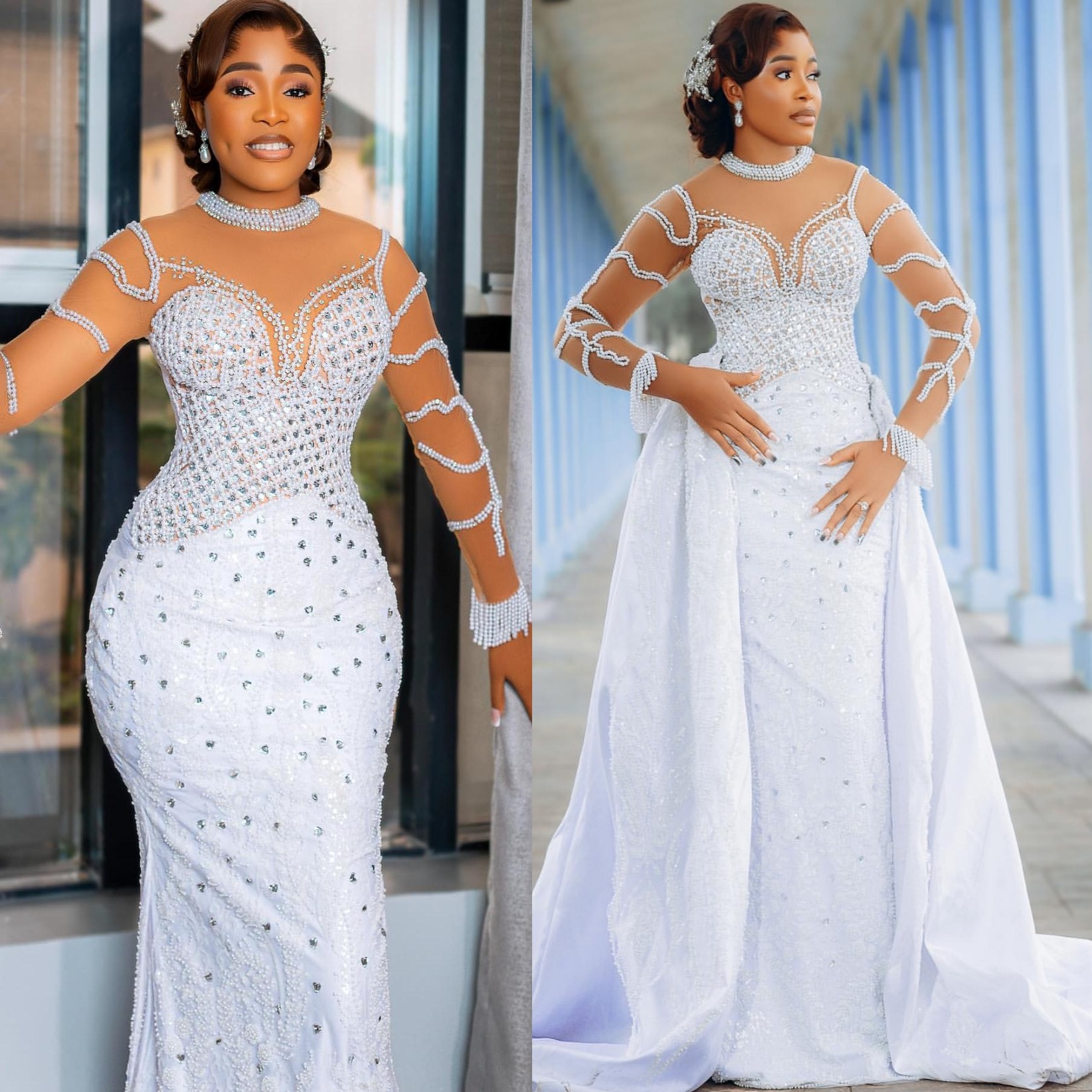 2025 Arabic Aso Ebi Plus Size Ivory Mermaid Wedding Dresses Pearls Crystals Detachable Train Vintage Sequined Lace Bridal Gowns Dress For Bride