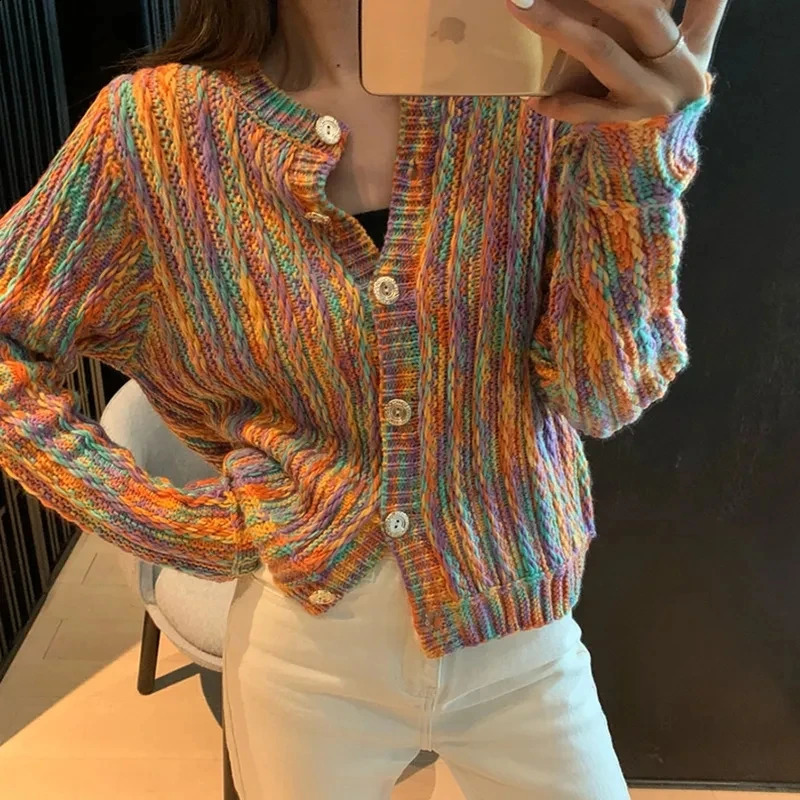Hdspq Rainbow Color Cardigan with Buttons Autumn Winter Korean Fashion Long Sleeve Knit Cardigan Women Loose Sweaters 250118