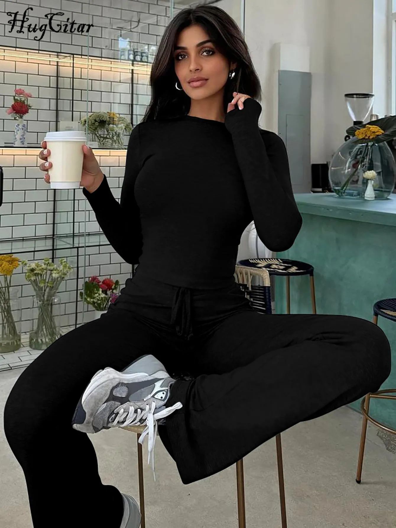 Hugcitar Women Casual 2 Pcs Sets Solid Long Sleeve Slim Crop T-Shirt Bandage Flare Pants Fall Y2K Outfits Streetwear Work Out 250110
