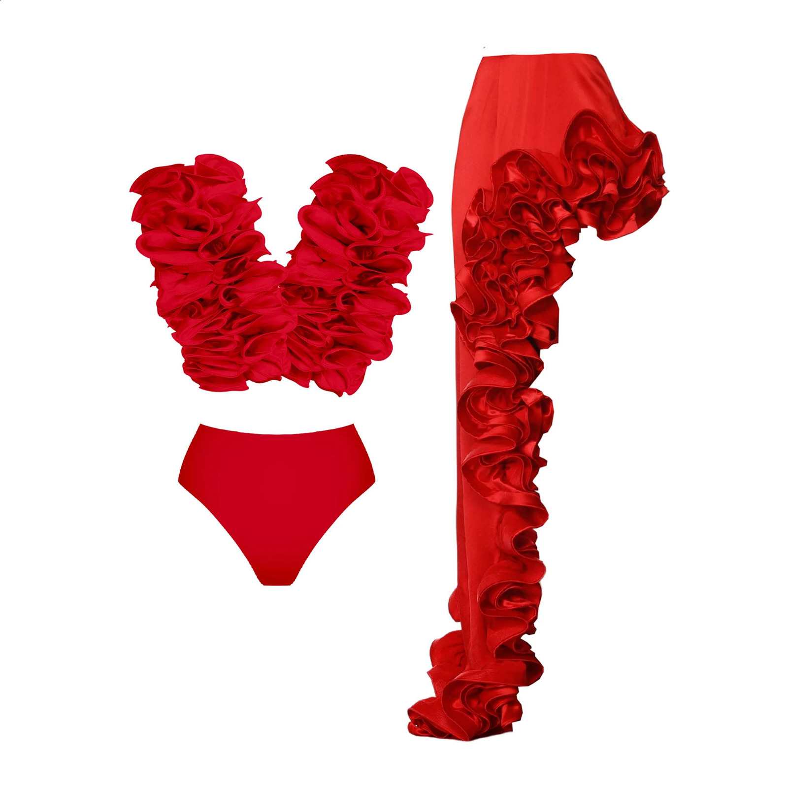 2025 Solid Red Flower One Piece Swimsuit Women Swimwear Sexy Swim Suit Deep V Monokini Off Shoulder Bodysuit Bathingsuit 250113