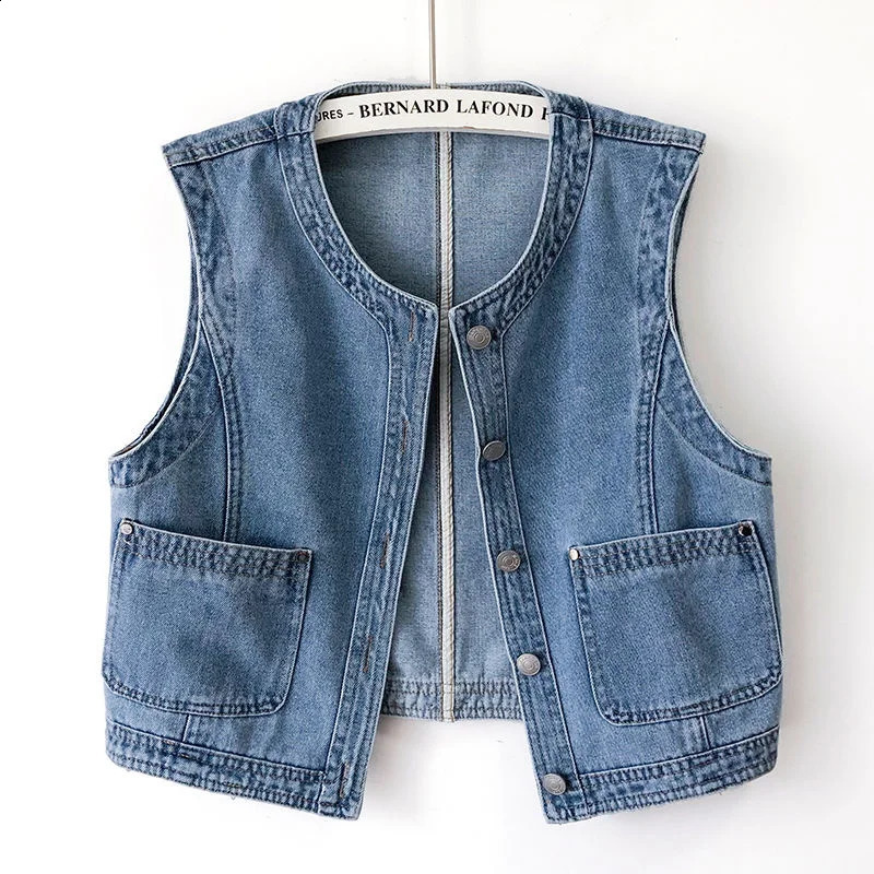 Vintage Blue Denim Vest Women Spring Summer Short Casual O Neck Big Pocket Cowboy Waistcoat Sleeveless Jeans Jacket Female 250122