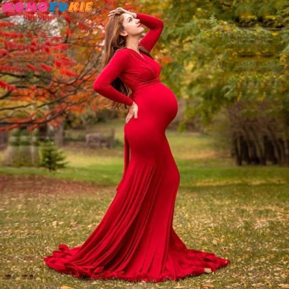 Womens Spring and Autumn Pregnant Dress Elegant Slimming V-neck Long Sleeve Mermaid Maxi Dress Used for Photography Baby Shower Photos W250113