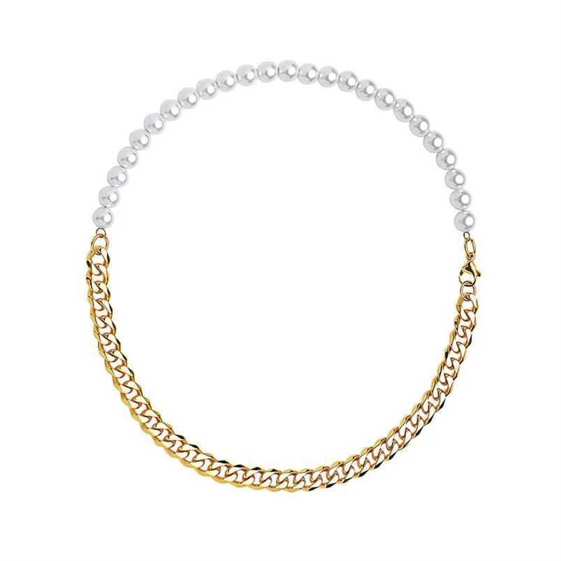 Hip Hop Half Pearl Half Cuban Chain Necklace for Men Women Collar Choker Punk Chokers 316L Stainless Steel Jewelry AccessoriesXJ250121