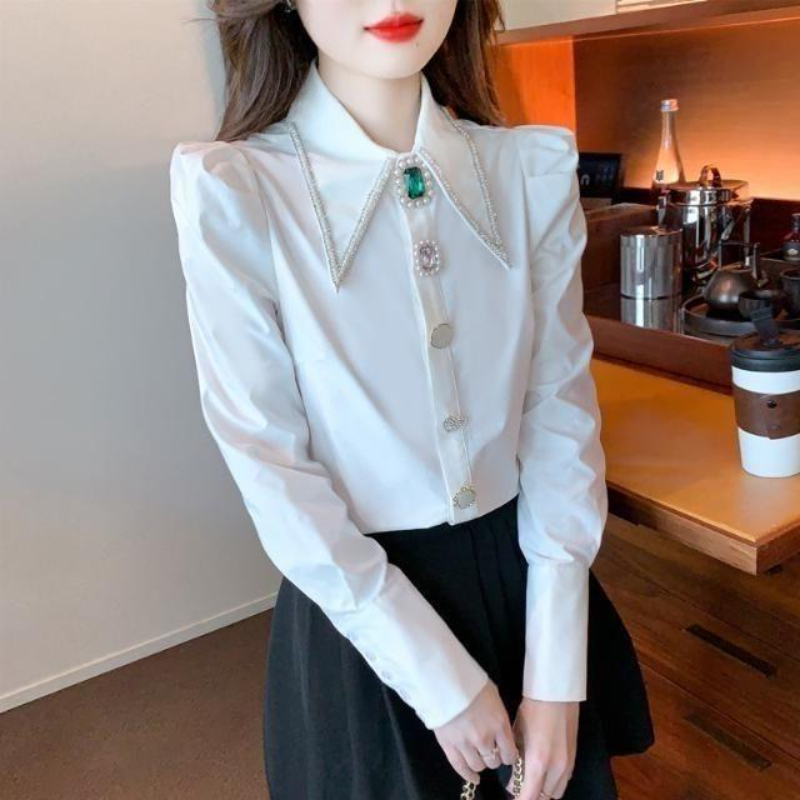 Women's Blouses Women' Clothes Pure Cotton White Fashion Long Sleeve Heavy Industry Drilling Lapel Loose Shirt Spring Summer 24