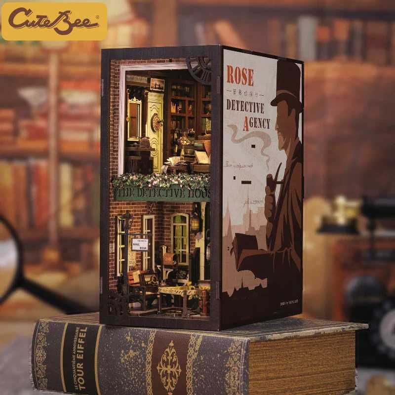CUTEBEE Book Nook 3D Puzzle Mini Dollhouse Kit with Touch Light Dust Cover DIY Bookshelf Insert Gift Rose Detective Agency W250117