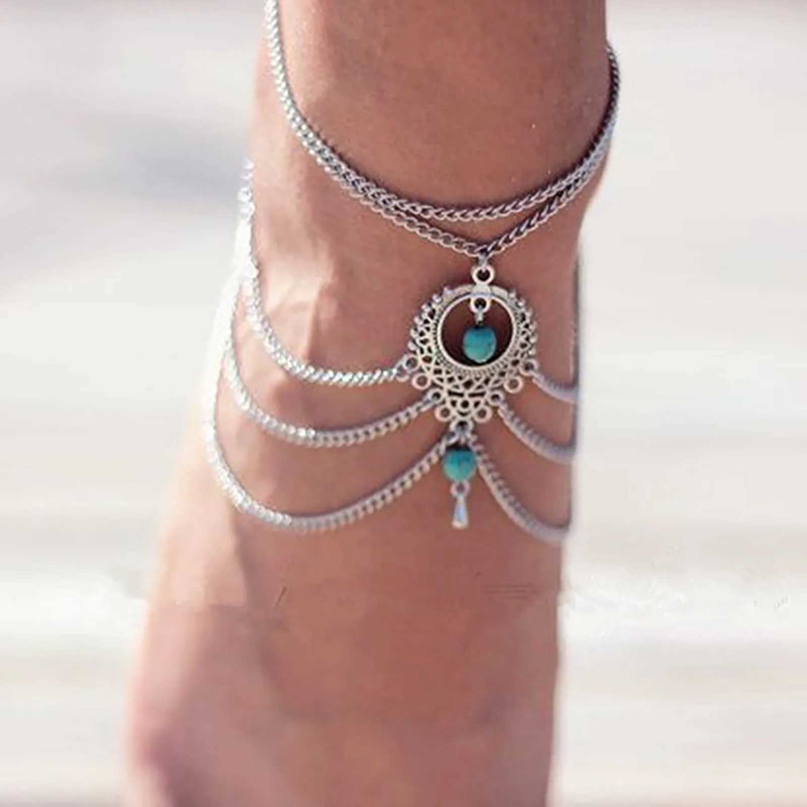WomenS Anklet Initial Beach Bracelet Ornament Foot Ethnic Metal Turquoise Handmade Set Alloy Ornament Chaine Cheville FemmeXJ250121