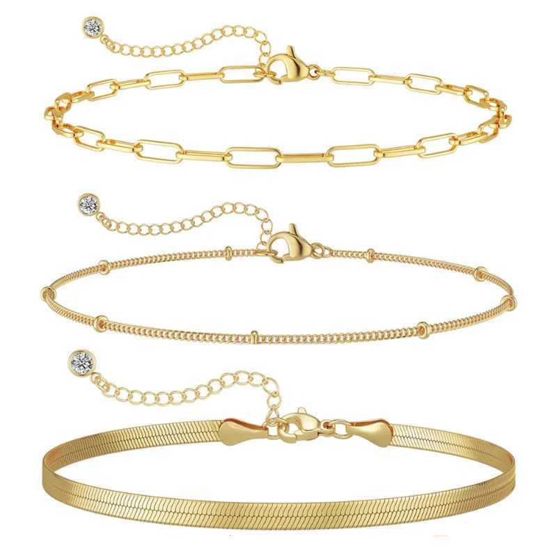 3pcs 14K Gold Plated STAINL Waterproof Bracelet Sets for Women Girls Snake Chain Cuban Link Cuff Bangle Stackable BraceletsXJ250117