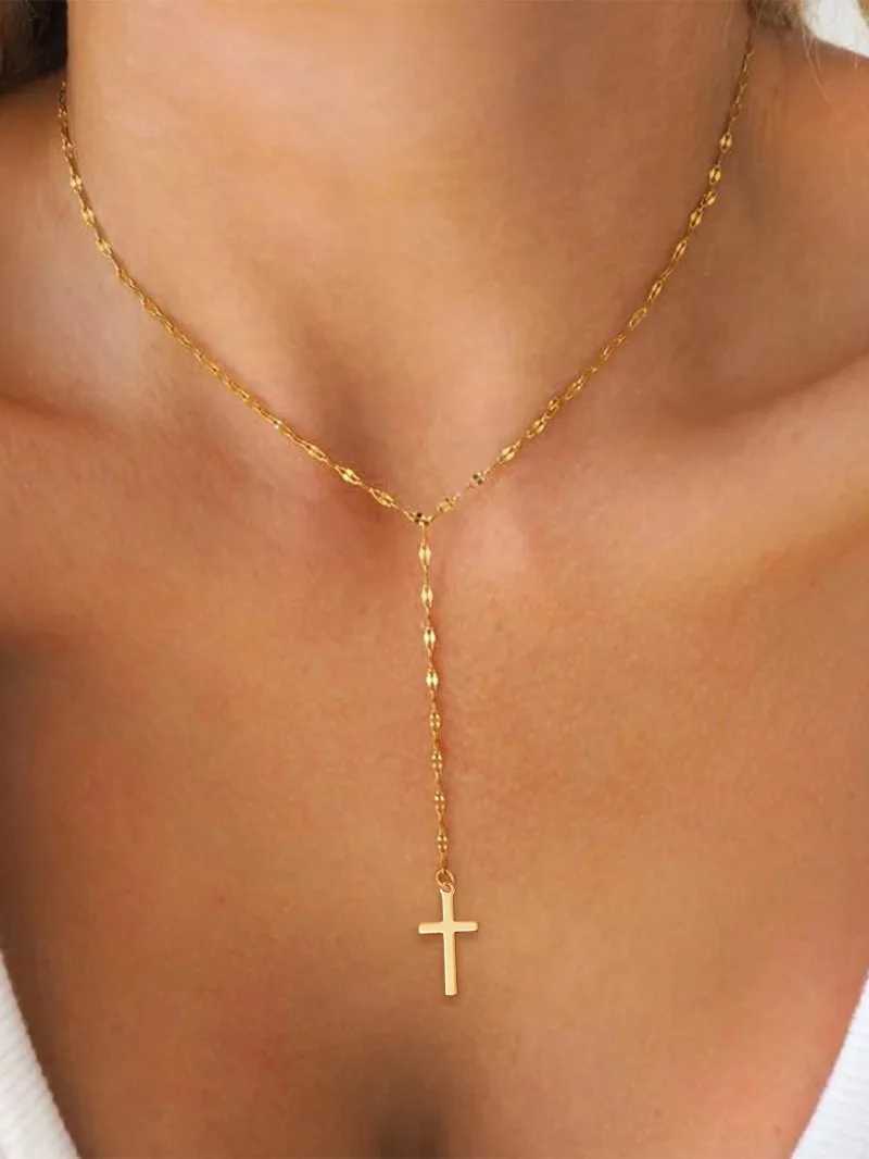 Vintage Long Tassel Cross Pendant Necklace for Women Men Elegant Simple Gold Color Chain Choker Exquisite Accessories JewelryXJ250121