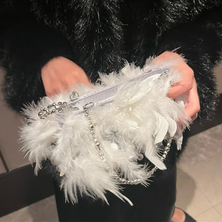 Turkey Feather Sequin Evening Bags Women Beaded Chains Tote Pearls Purses And Handbags Female Elegant Shoulder Bag Dinner Party 250110