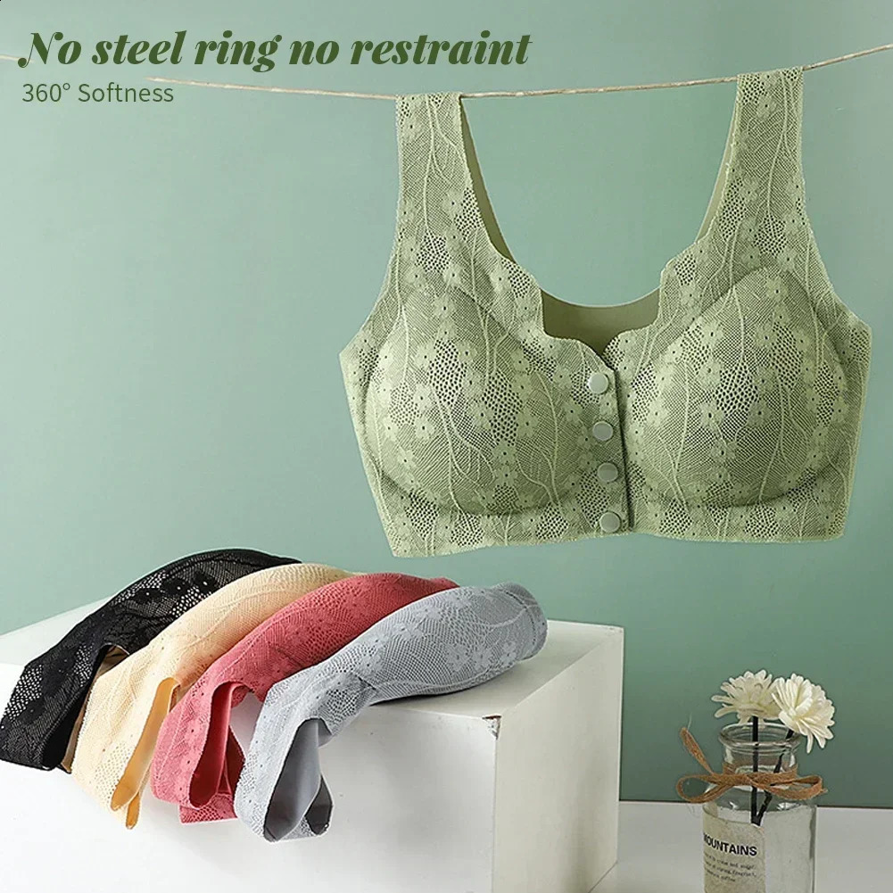 Middle aged and elderly mothers front button bra lace seamless breathable no steel ring ice silk sexy party 250122
