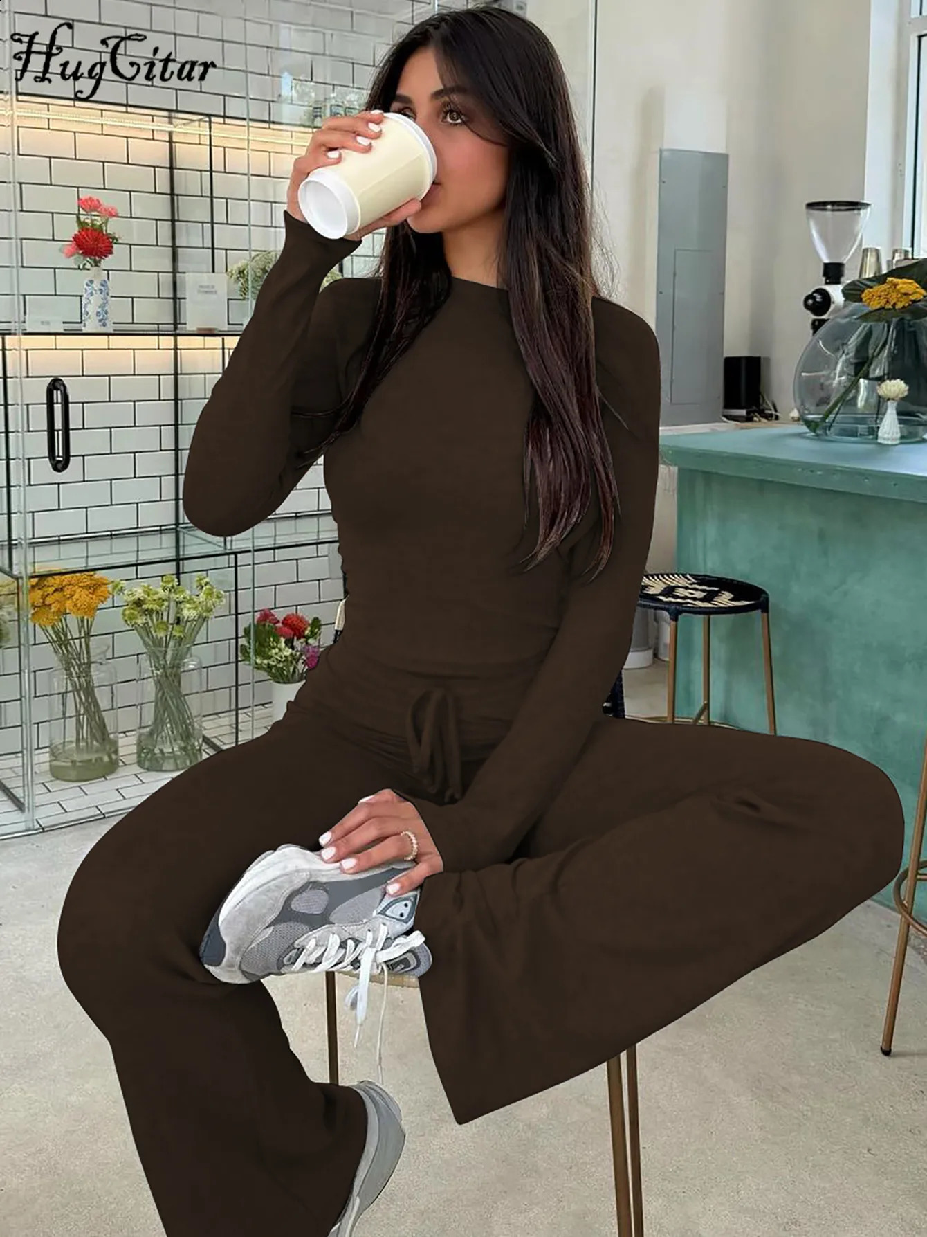 Hugcitar Women Casual 2 Pcs Sets Solid Long Sleeve Slim Crop T-Shirt Bandage Flare Pants Fall Y2K Outfits Streetwear Work Out 250110