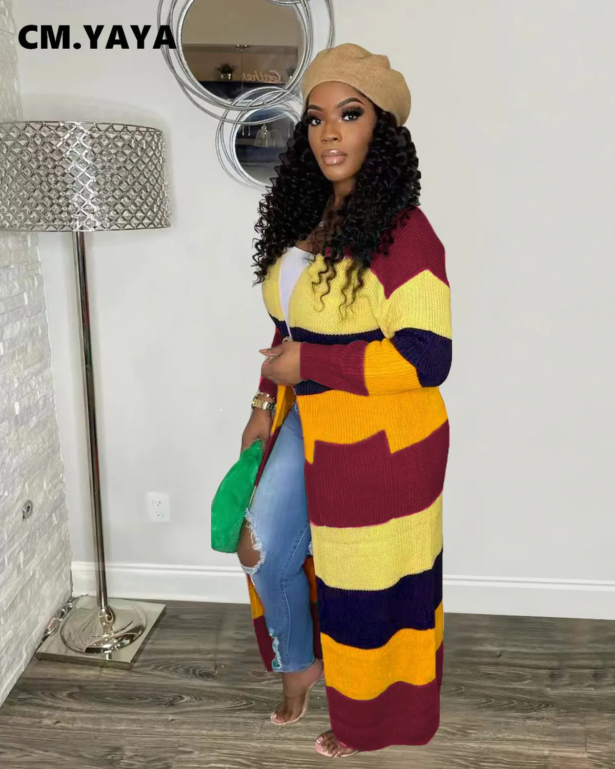 CM.YAYA Elegant Women Rainbow Striped Long Sleeve Open Stitch Sweater Cardigan Autumn Winter Street INS Oversized Jumper Sweater 250118