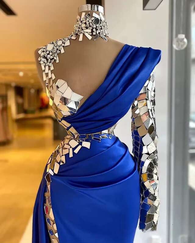 Royal Blue African Dresses Sheath One-shoulder Slit Crystals Long Dubai Arabic Black Girls Evening Gown Prom Customized