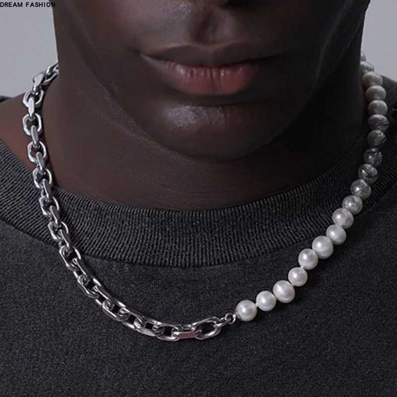 Hip Hop Half Pearl Half Cuban Chain Necklace for Men Women Collar Choker Punk Chokers 316L Stainless Steel Jewelry AccessoriesXJ250121