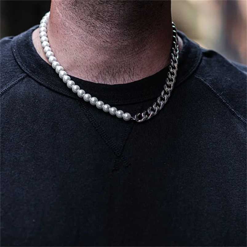 Hip Hop Half Pearl Half Cuban Chain Necklace for Men Women Collar Choker Punk Chokers 316L Stainless Steel Jewelry AccessoriesXJ250121