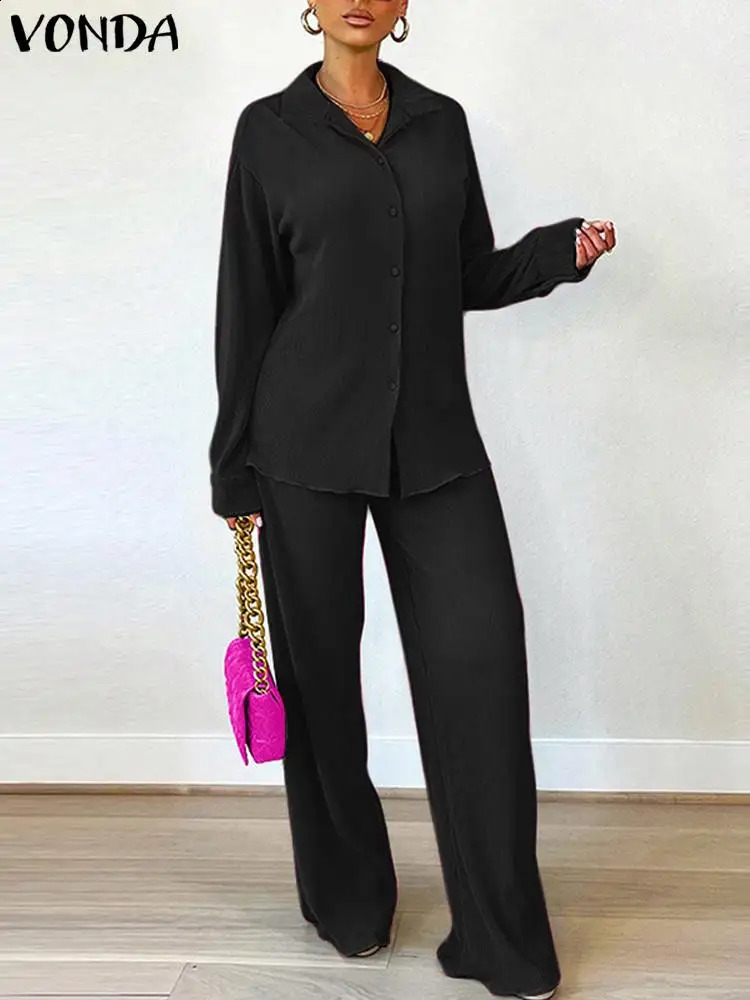 VONDA Plus size 5XL womens set 2024 European style matching casual collar twopiece elegant top and wide leg pants 250122