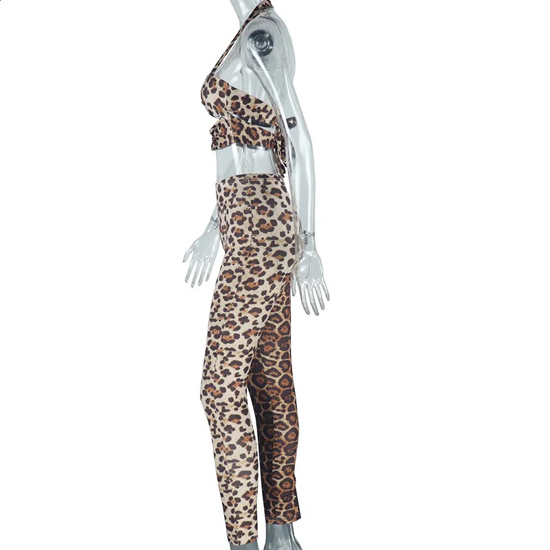 CM.YAYA Streetwear Womens Set Leopard Print Strapless Halter Top Pant Tracksuits Party Sexy Slim Two 2-Piece Set Outfits 250122