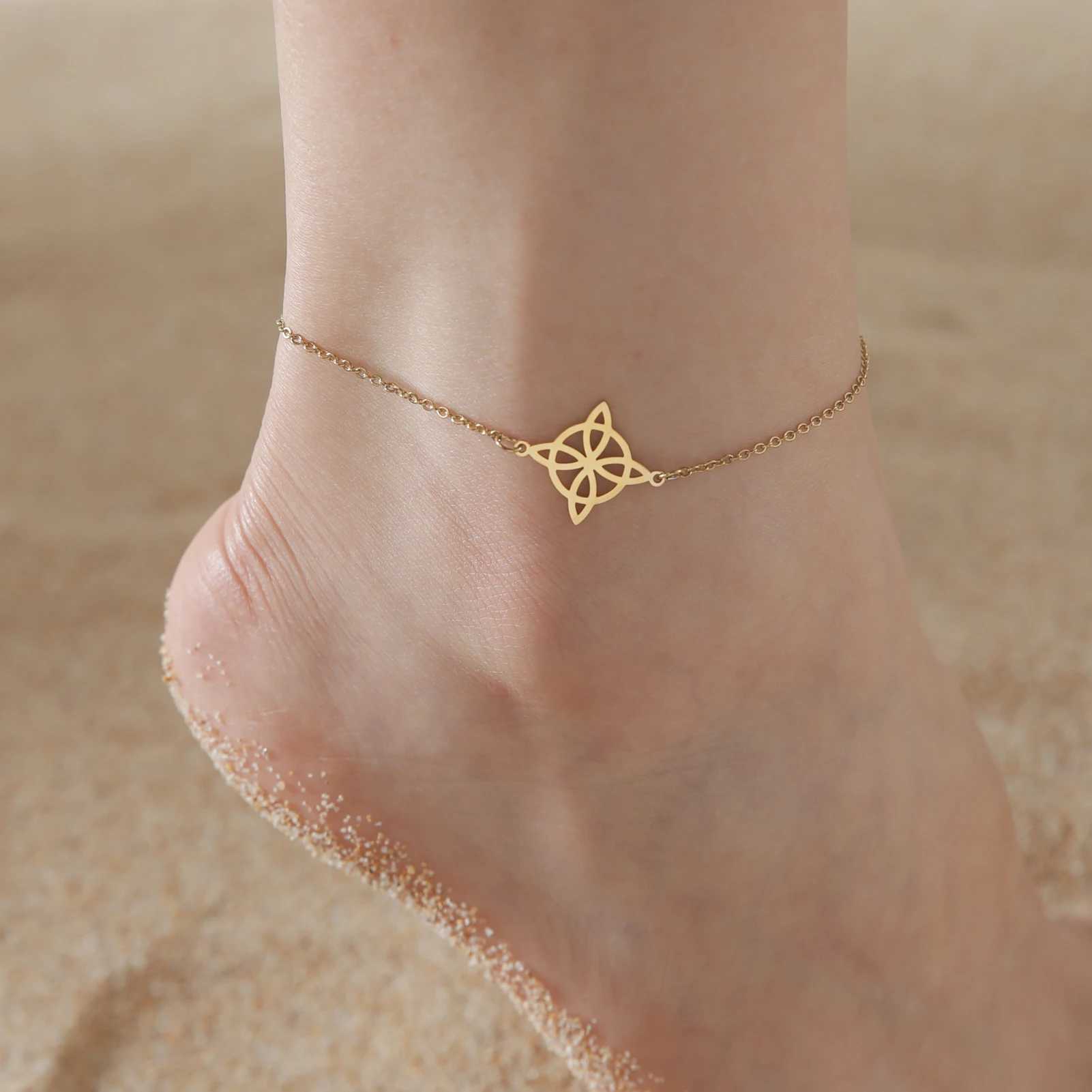 LIKGREAT Womens Anklets Witch Knot Foot Chain Stainl Steel Celtic Knot Bead Chains Amulet Beach Summer JewelryXJ250121