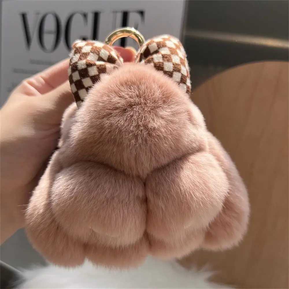 Hair Bow Rabbit Fur Keychain Pompoms Cute Fluffy Bunny Keychain Bag Charm Alloy Ring Plush Rabbit Key Ring Couple PendantXJ250116
