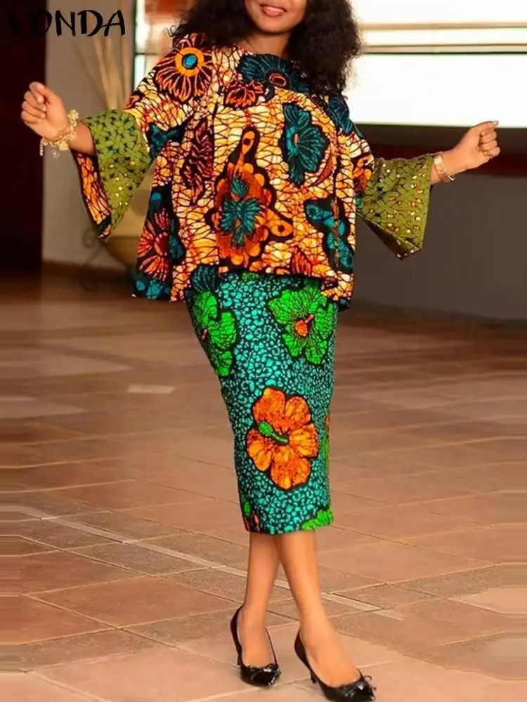 Large 5XL VONDA Autumn Bohemian Womens Dress Set 2024 Long Sleeve Floral Printed Tight Retro Casual Loose 250122