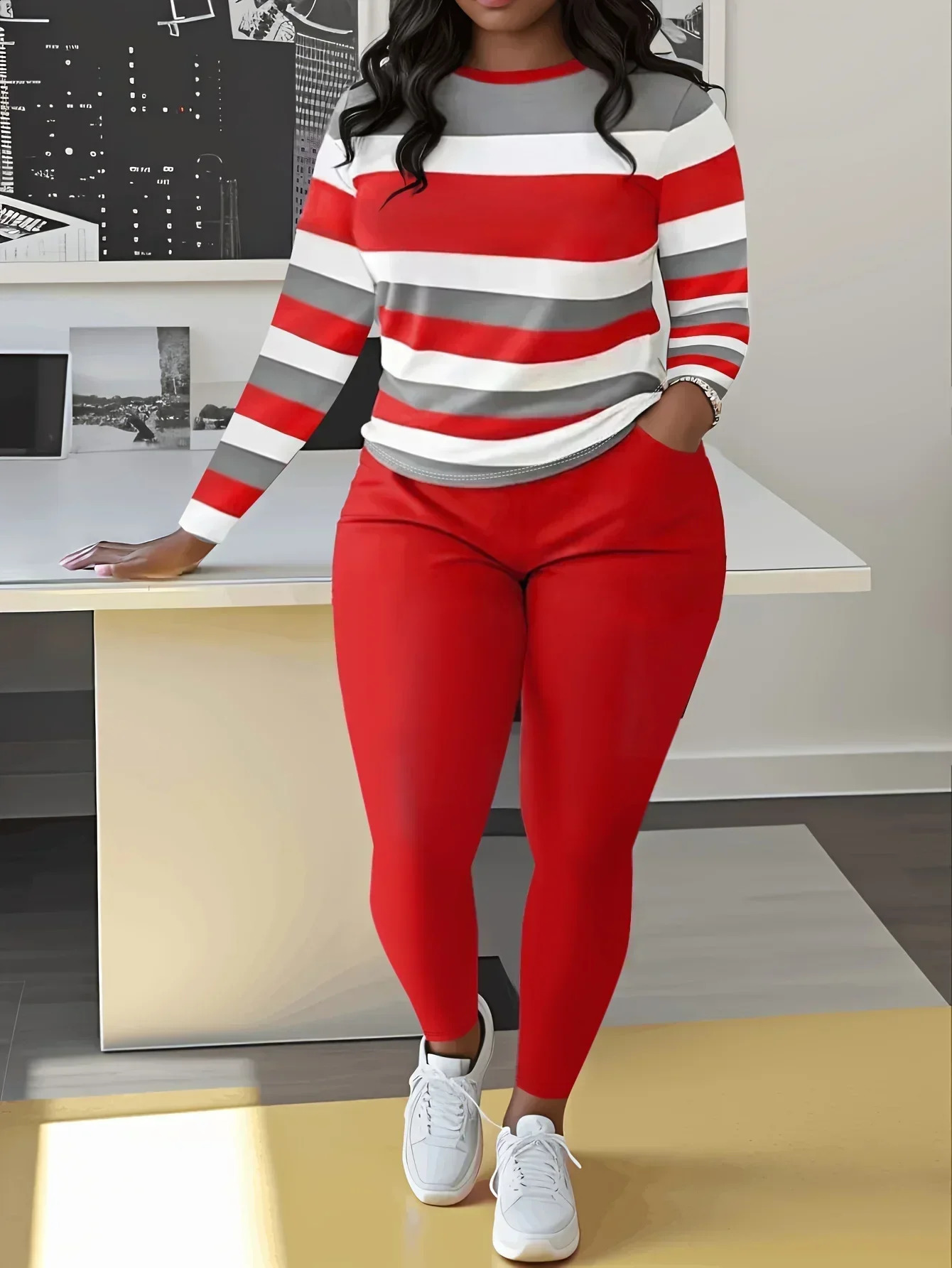 Plus Size Two Piece Sets Colorblock Casual ONeck Long Sleeve Top and Pants Set Womens Clothing Matching y250122