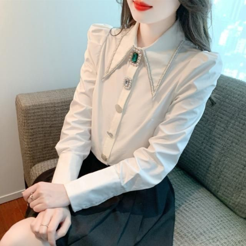 Women's Blouses Women' Clothes Pure Cotton White Fashion Long Sleeve Heavy Industry Drilling Lapel Loose Shirt Spring Summer 24