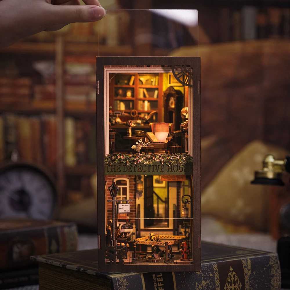 CUTEBEE Book Nook 3D Puzzle Mini Dollhouse Kit with Touch Light Dust Cover DIY Bookshelf Insert Gift Rose Detective Agency W250117