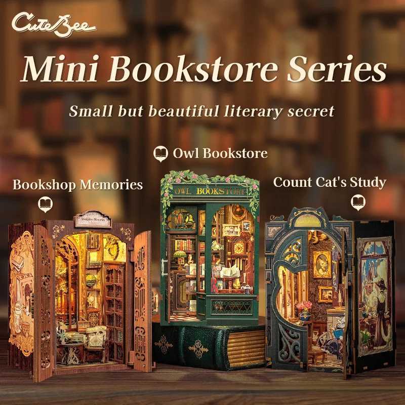 CUTEBEE DIY Book Nook Bookshop Kit Miniature Wooden Dollhouse with Light Bookshelf Insert 3D Puzzle Decor for Gift Owl Bookstore W250117