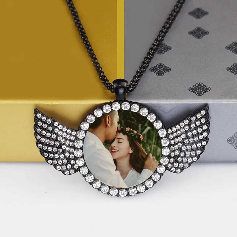 Custom Couple Photo Angel Wings Pendant with Long Chain Rhinestone Necklace Personalized Glass Dome Image Valentines Day GiftXJ250121