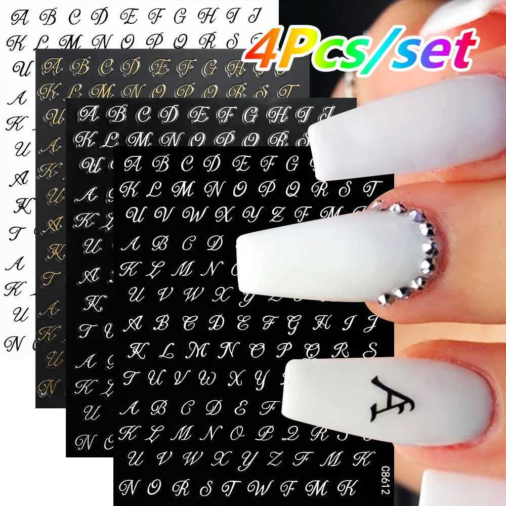 4Sheet/Set Roman Letter Nail Stickers 3D Laser Gold/Silver/Black/White Letter Nail Decal DIY Old Alphabet Manicure Slider NK*4XJ250120