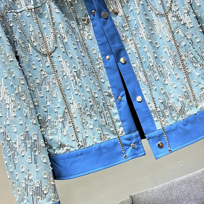 PFHQ Korean Fashion Metal Chain Decoration Hole Denim Jacket Autumn Winter Sequin Contrast Color Male Tops 21Z6055 250121